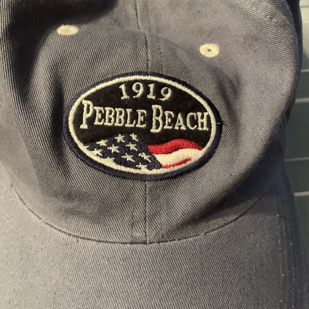 Pebble beach ball cap slate colored embroidered pebble beach trim around bill